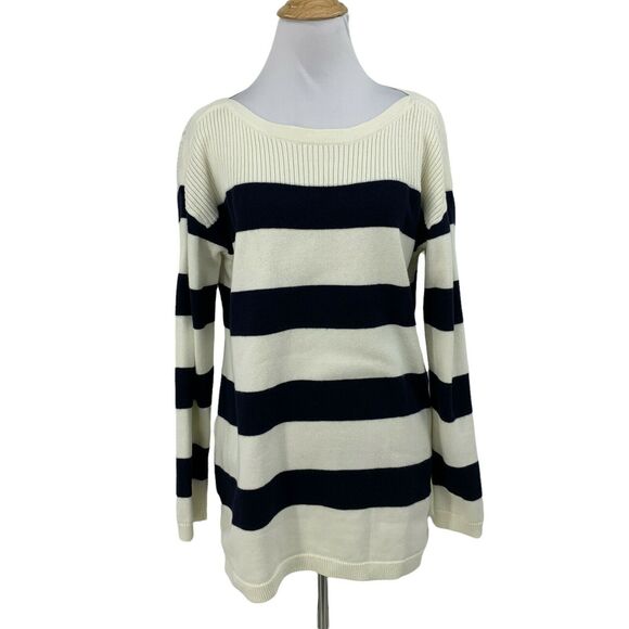 Talbots Sweaters - Talbots Striped Sweater Women L Large Navy White Boat Neck Rib Contrast Pullover